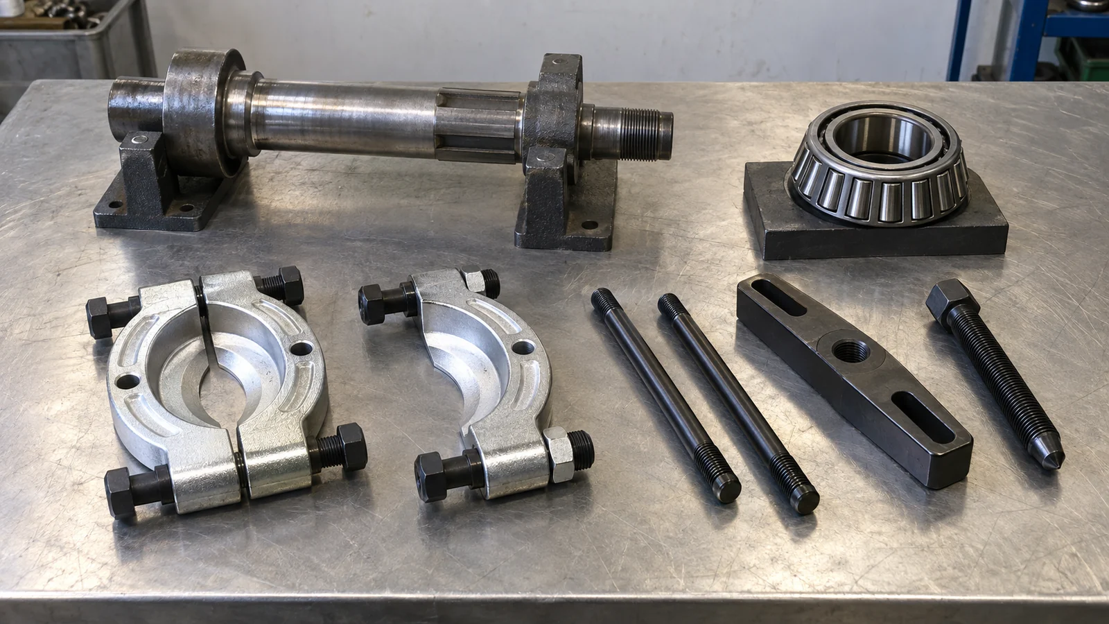 Bearing separator halves, bolts and puller crossbar arranged beside a shaft fixture