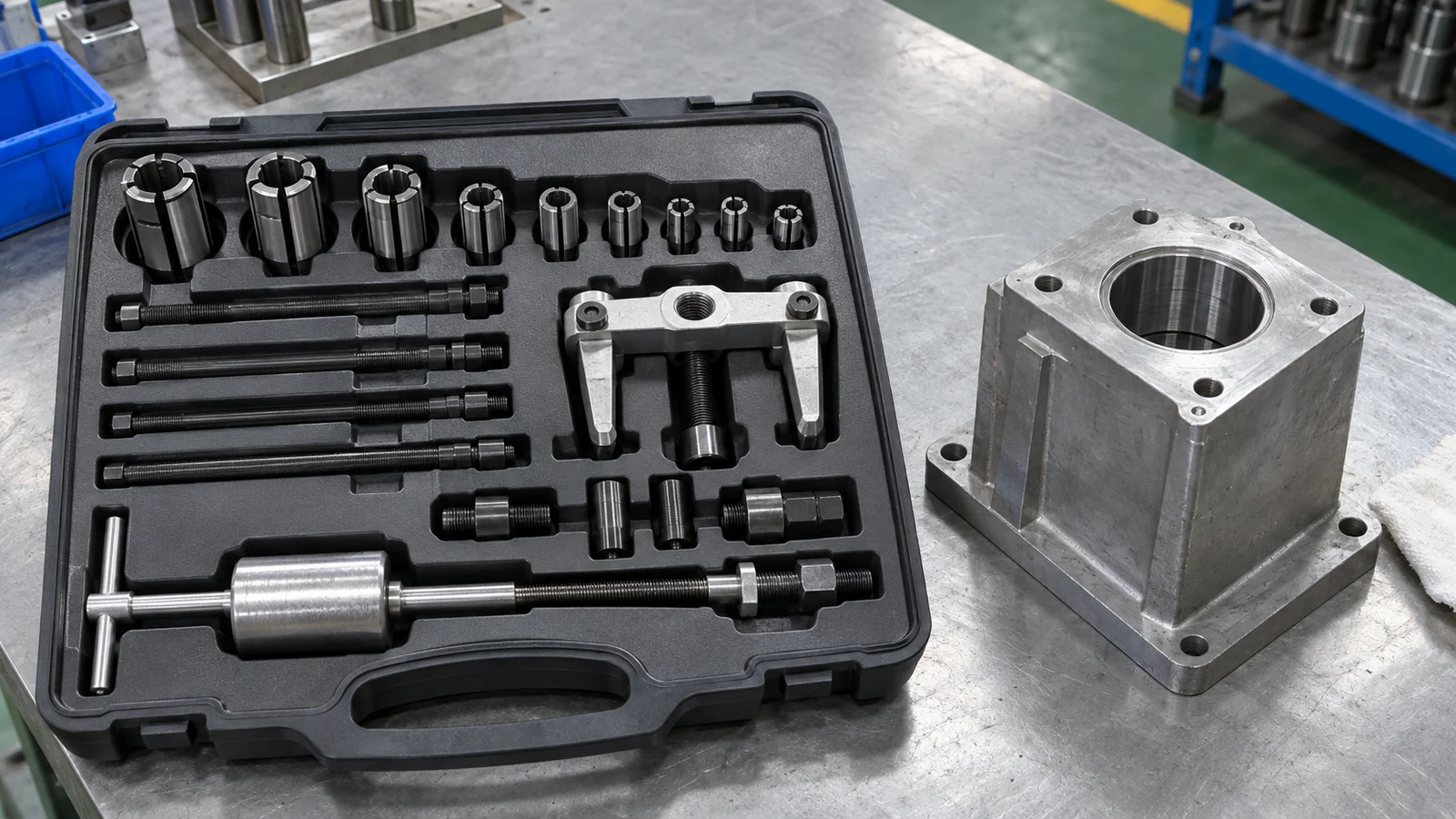 Blind internal puller collets, bridge and slide hammer beside a bore fixture