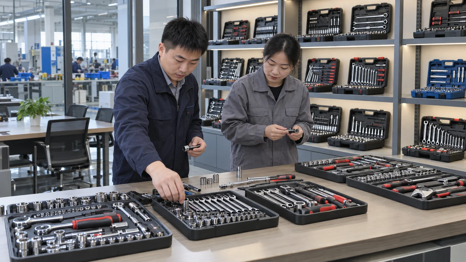 Factory product managers planning mechanic tool set assortments