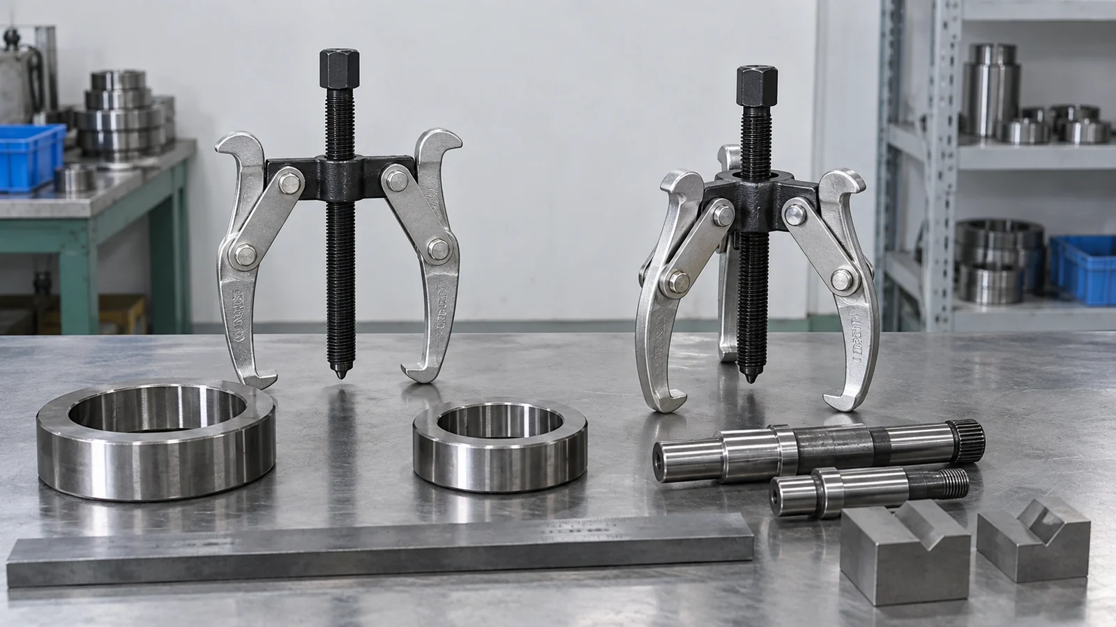 Two-jaw and three-jaw puller samples arranged for alignment review