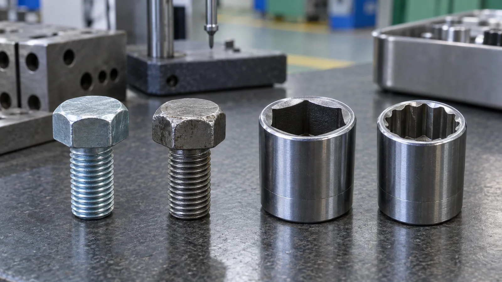 Clean and worn hex fasteners beside six-point and twelve-point sockets