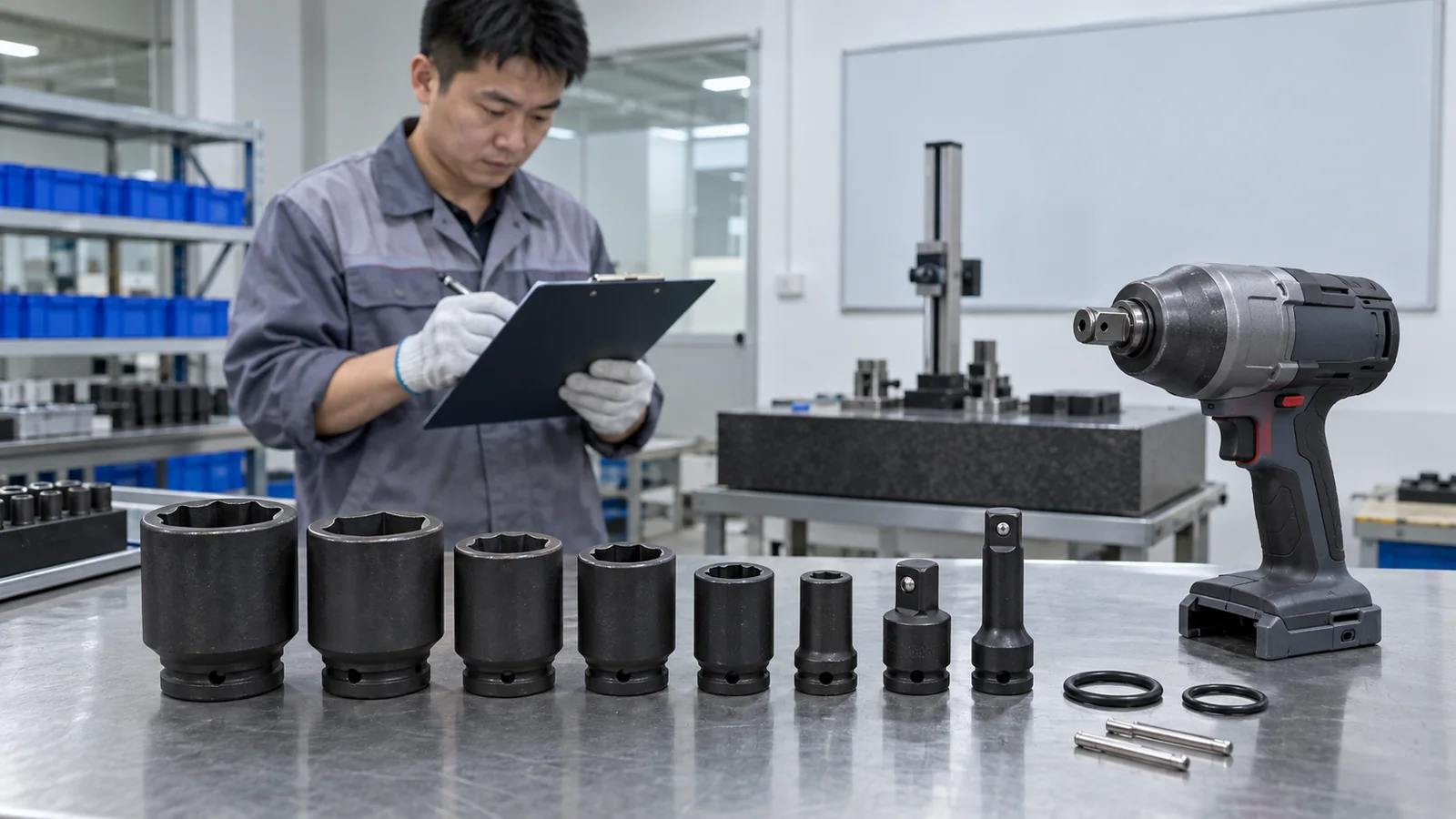 Technician inspecting impact-rated socket profiles and retention features