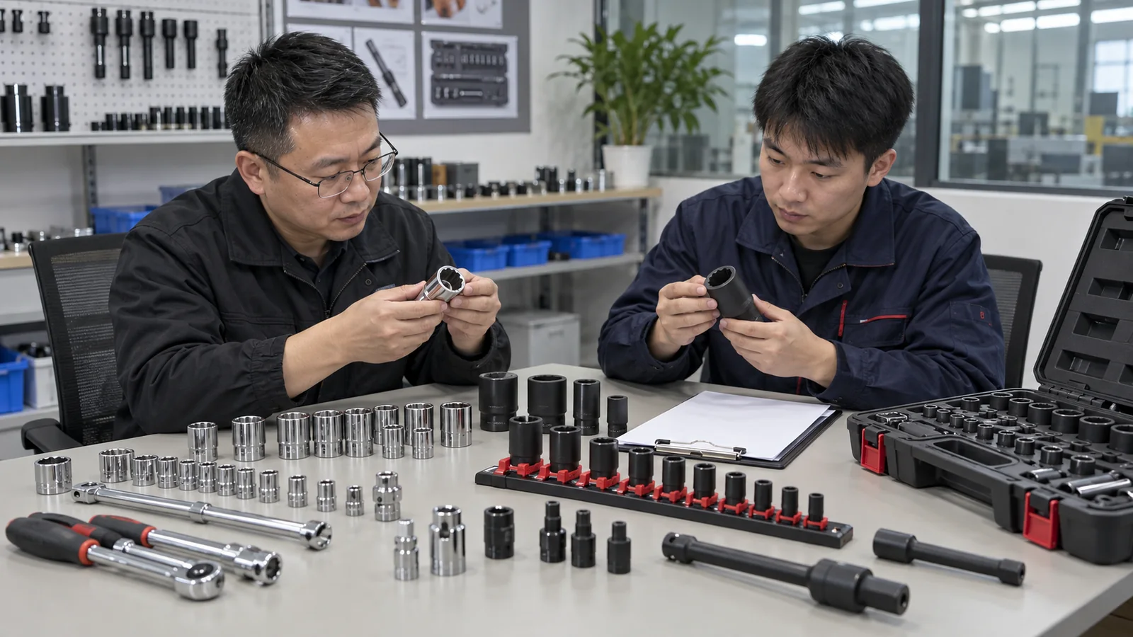 Tool buyers reviewing hand and impact socket samples with a blank BOM