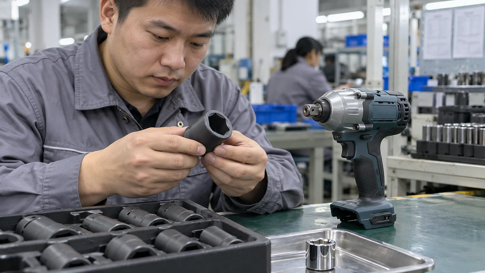 Technician checking an impact-rated socket beside a cordless impact wrench
