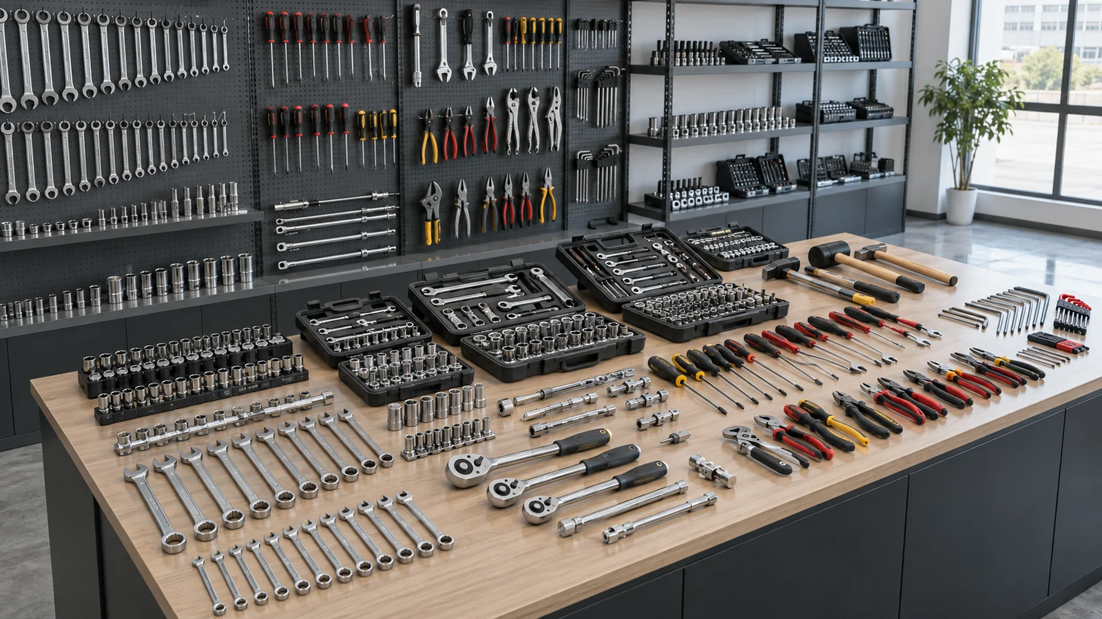 Complete mechanic tool families arranged in a factory sample room