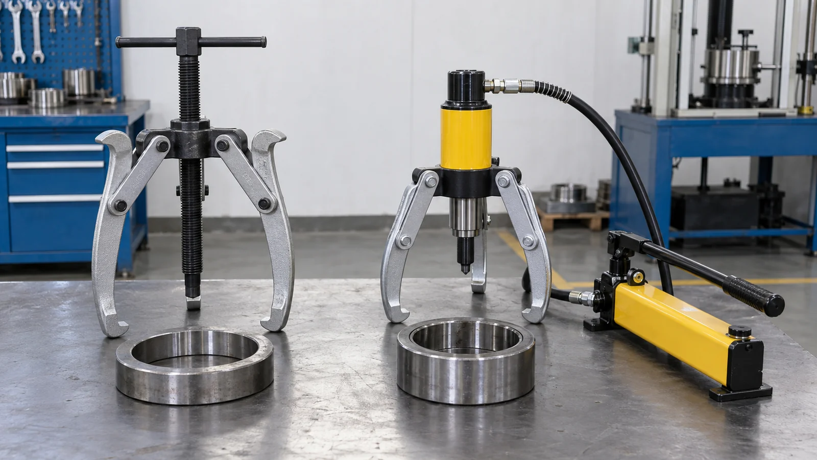 Mechanical and hydraulic pullers arranged beside steel test rings