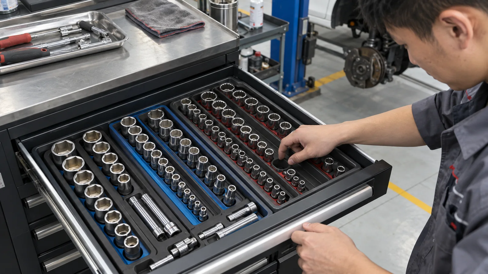 Repair-shop drawer with separate six-point and twelve-point socket rows