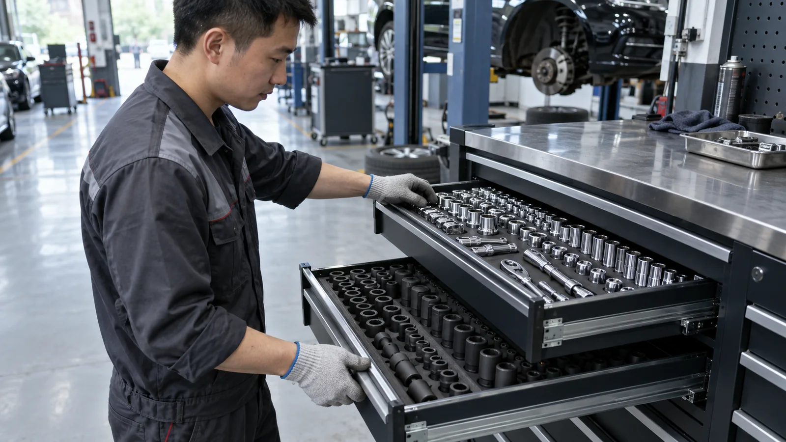 Repair-shop drawers separating hand sockets from impact sockets