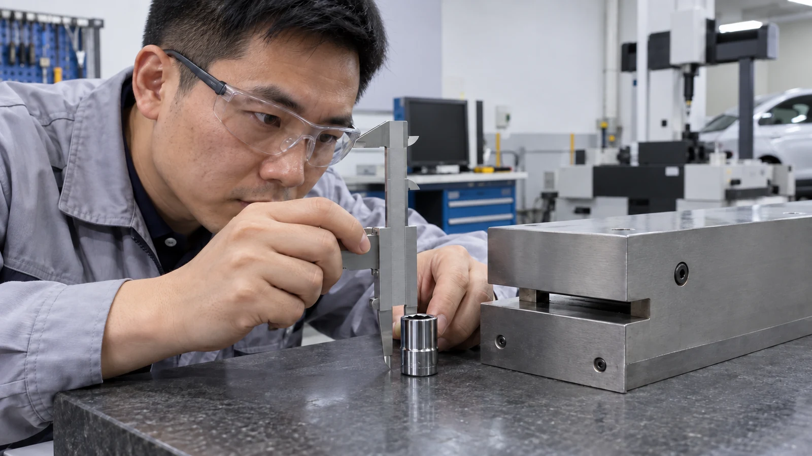 Technician measuring a shallow socket beside a low-clearance fixture