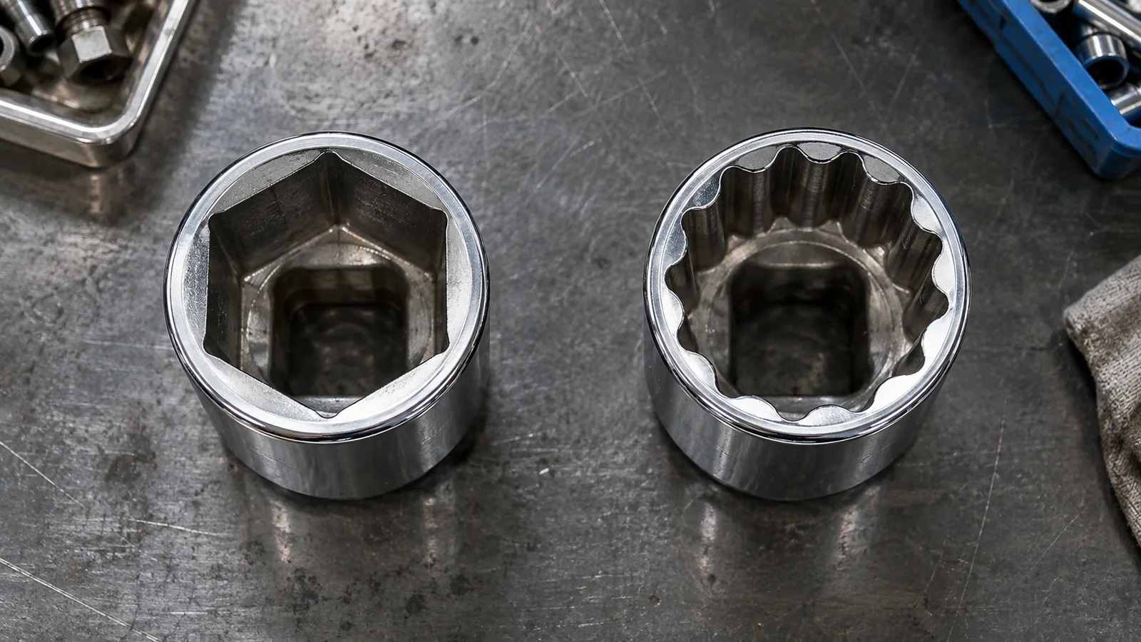 Unbranded six-point and twelve-point sockets viewed from above
