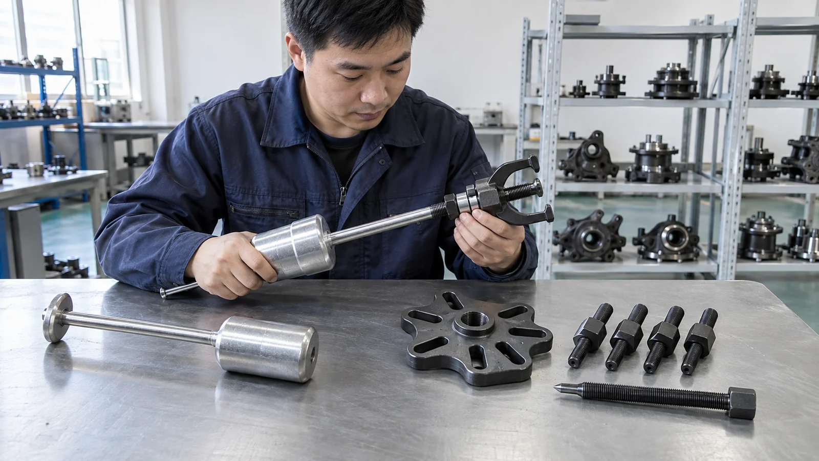 Slide hammer and vehicle-specific hub puller beside a wheel hub