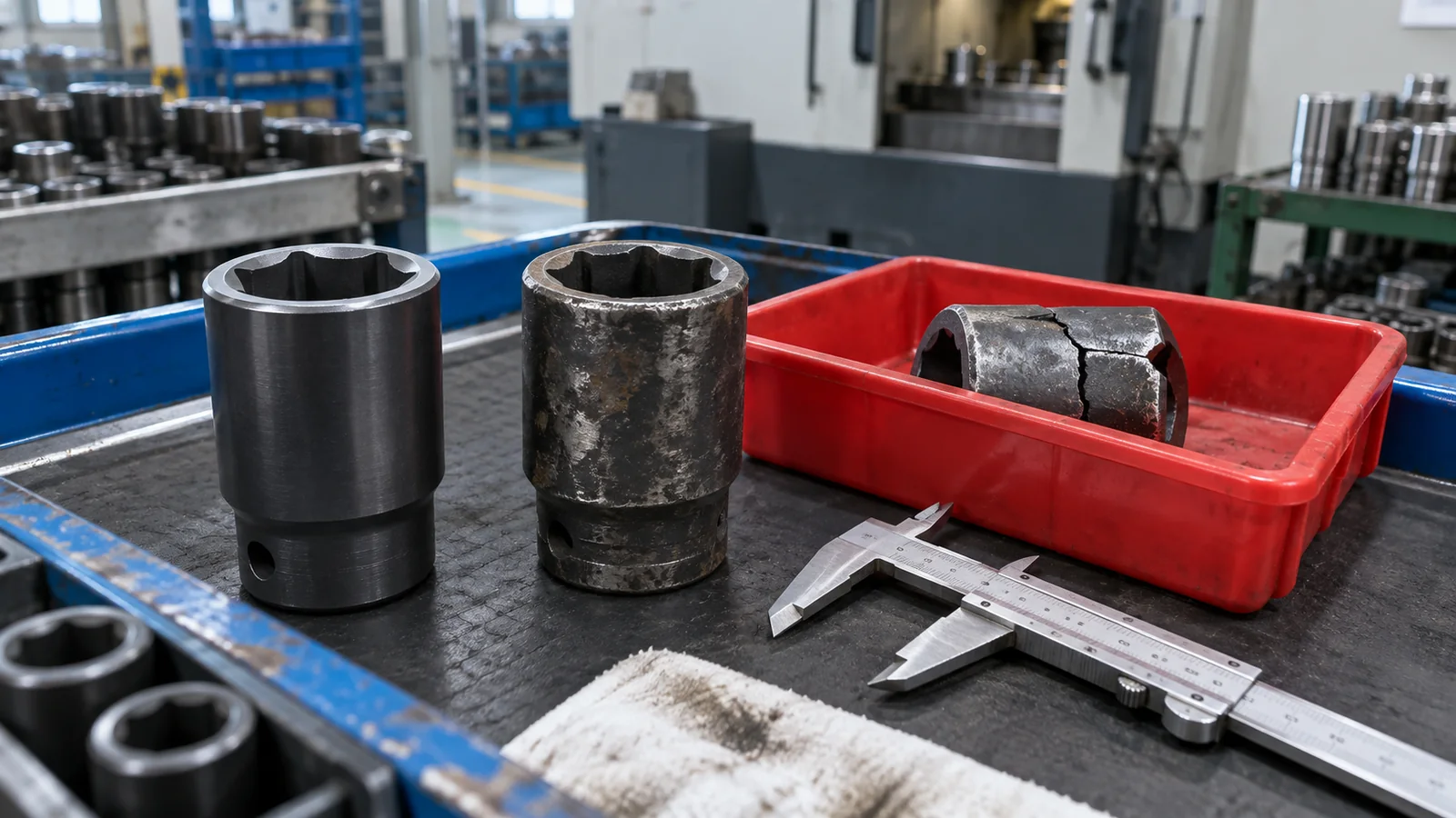 Clean, worn, and quarantined socket samples on an inspection cart