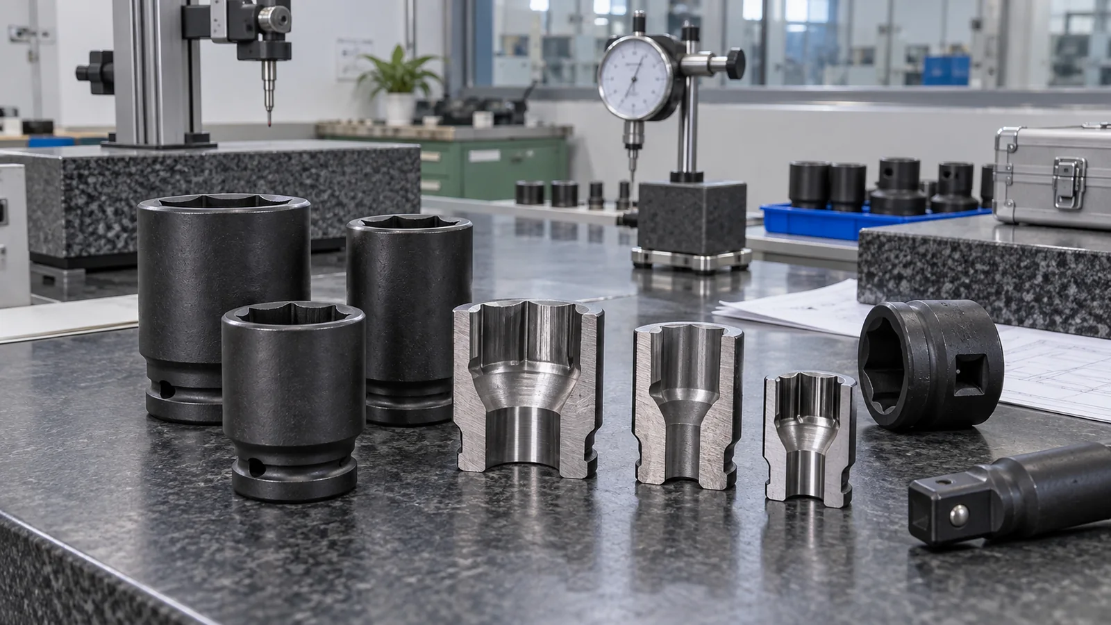 Cutaway-style hand and impact socket samples on a quality bench