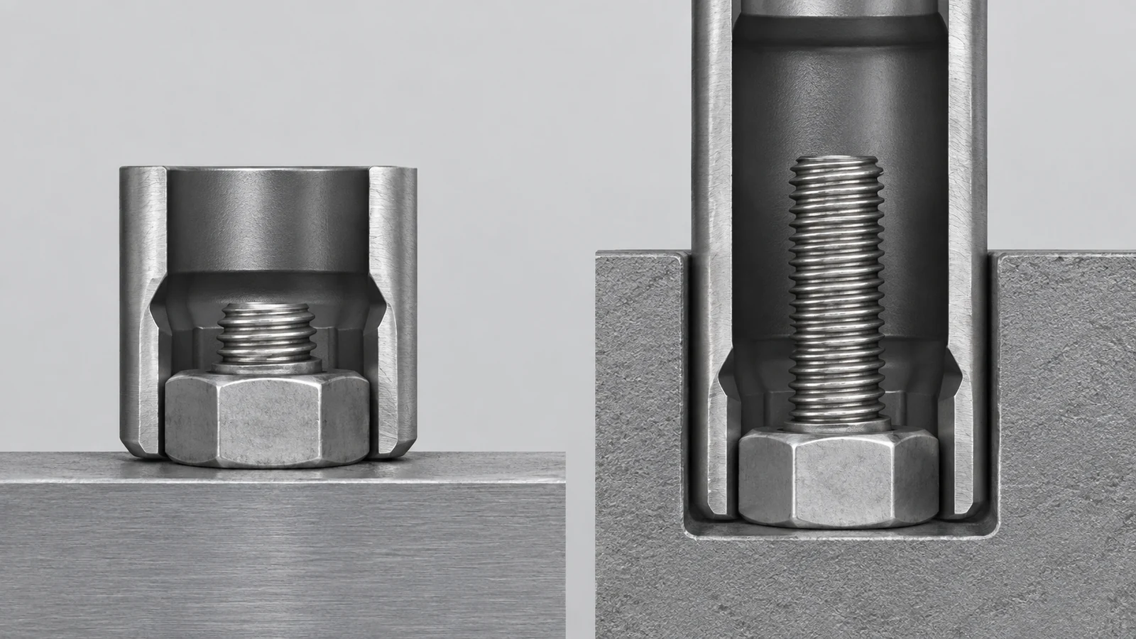 Unlabeled section views of shallow and deep sockets on different fastener assemblies