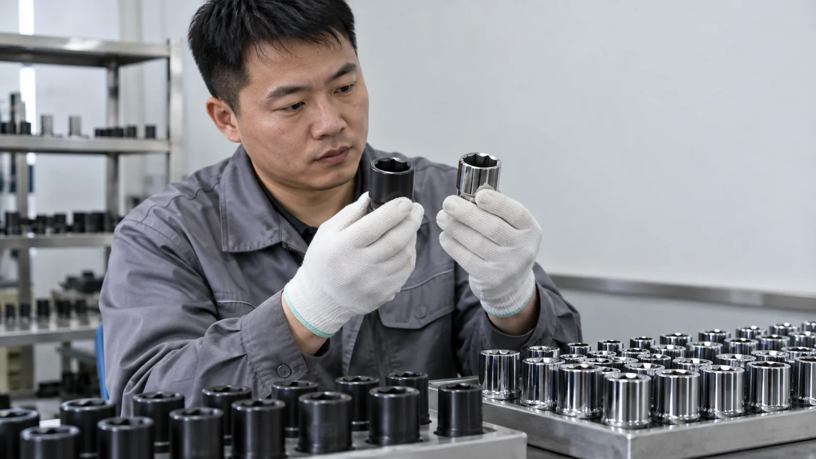 Technician comparing the finish and condition of dark and chrome socket samples