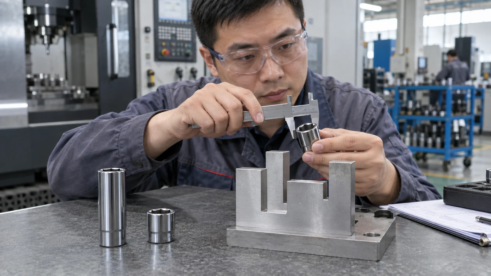 Quality technician measuring a socket beside a clearance fixture
