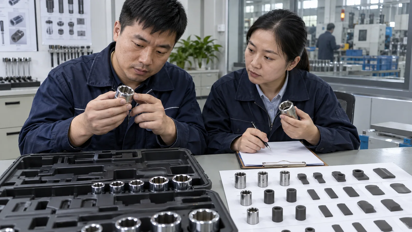 Tool professionals reviewing socket profiles and a blank component matrix