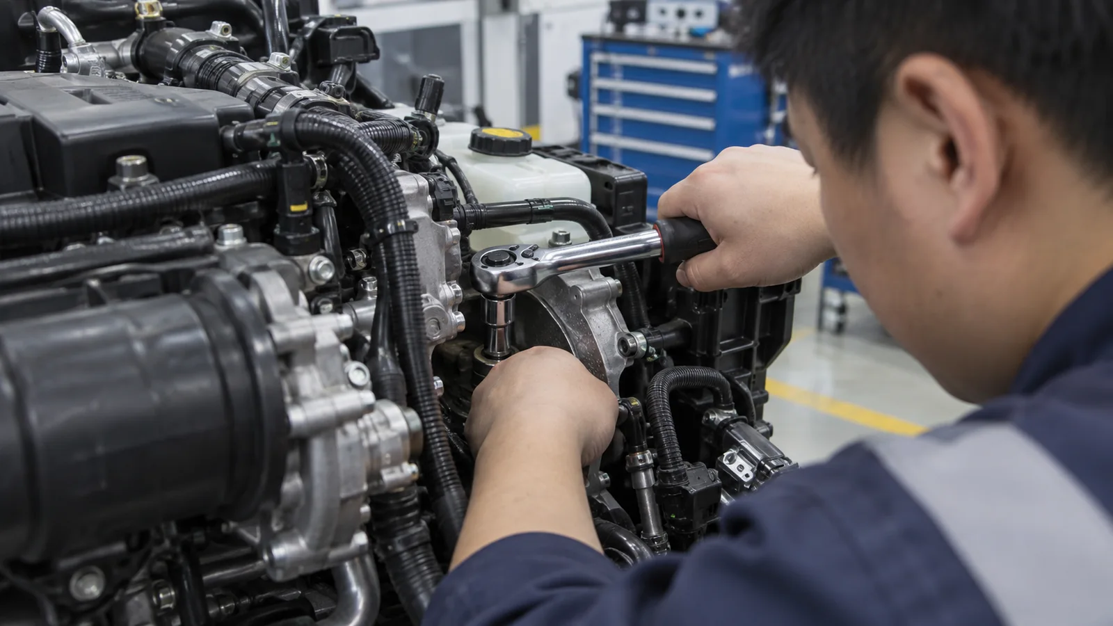Technician aligning a hand socket in a restricted engine-bay space