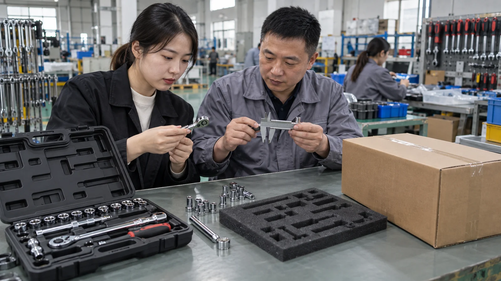 Buyer and quality engineer reviewing tool samples and packaging