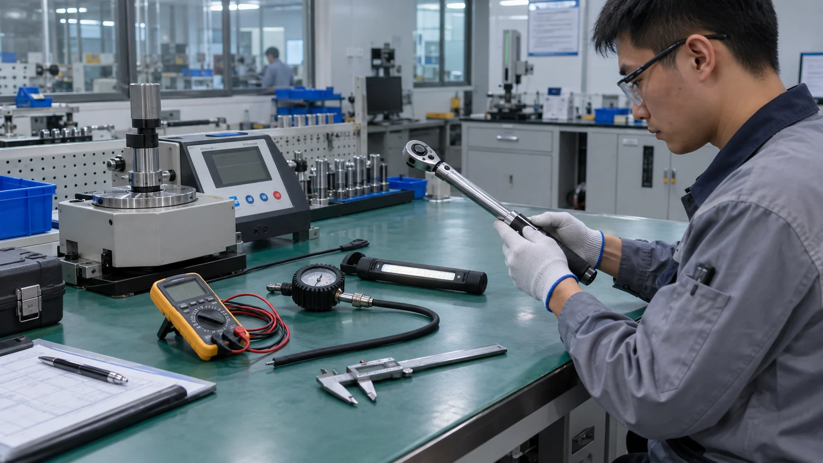 Technician reviewing torque, measurement and diagnostic tools