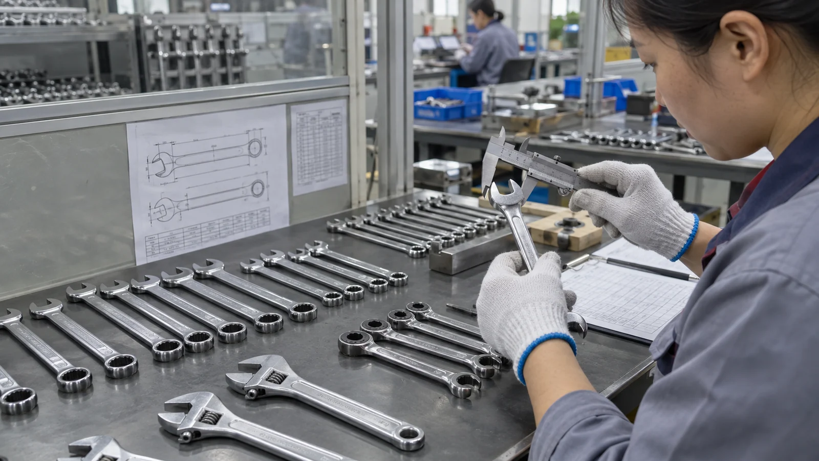 Quality technician measuring combination wrench samples