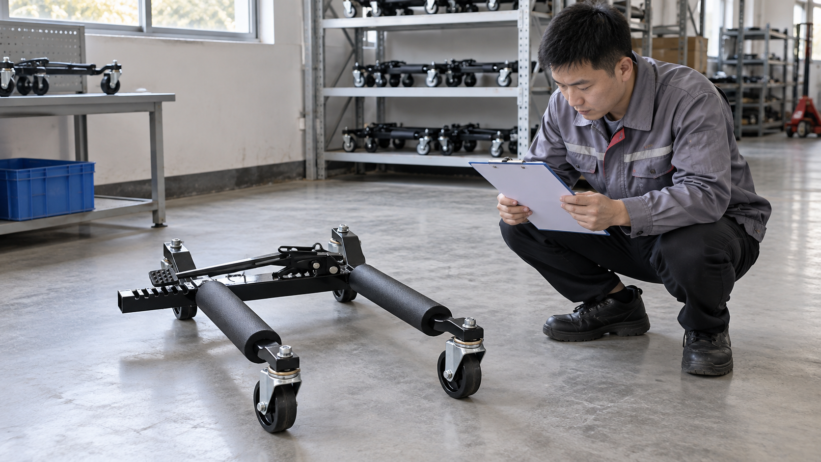 Engineer reviews model documentation beside an unloaded positioning dolly