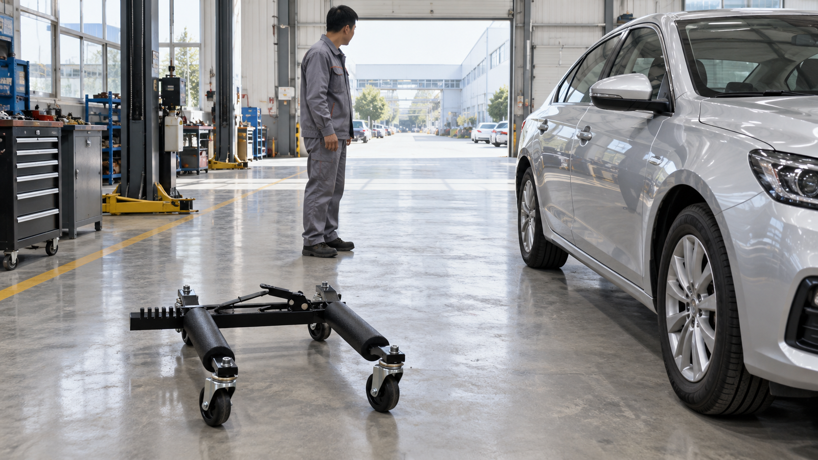 Technician checks a clear workshop route with an unloaded dolly nearby