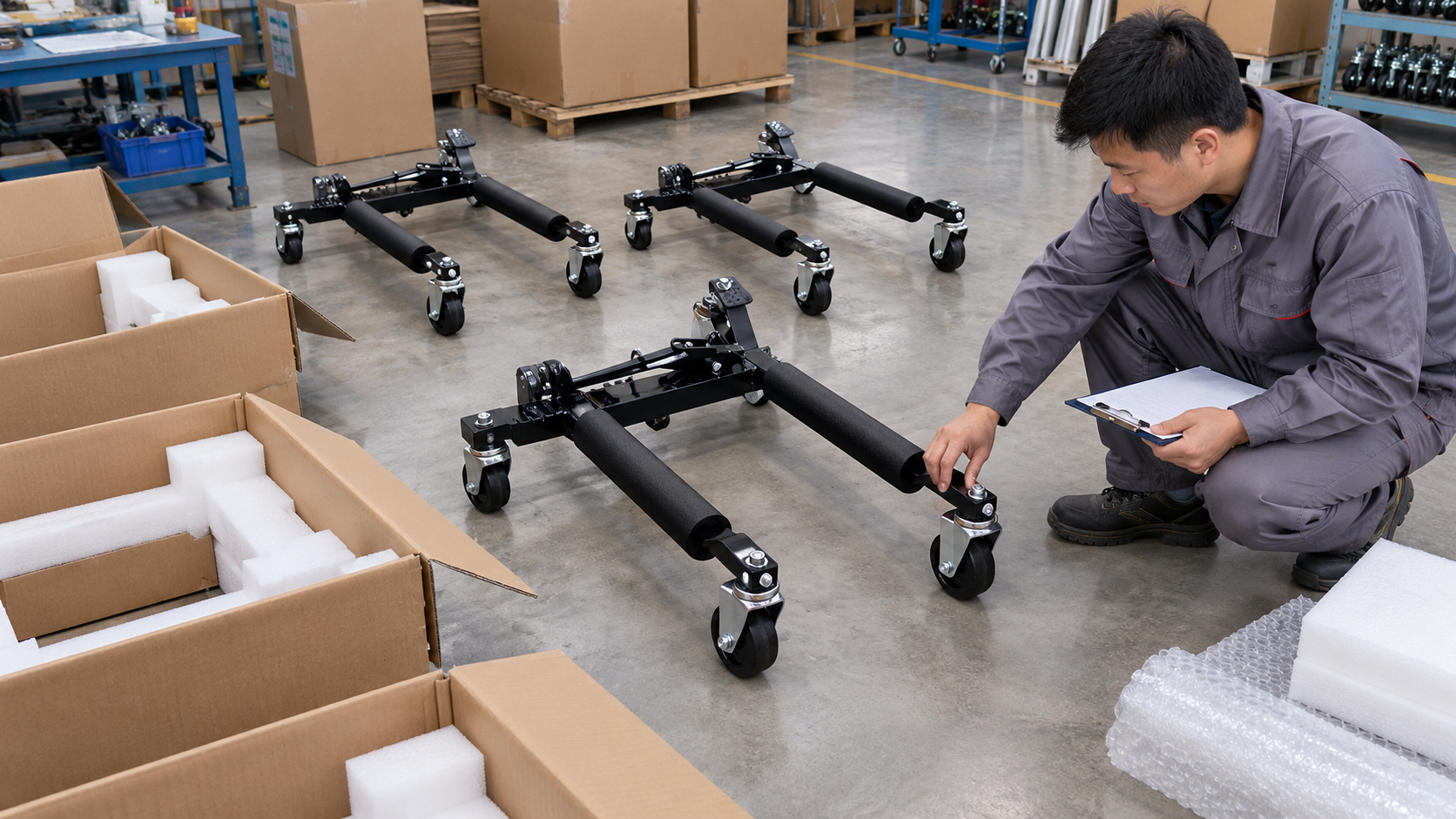 Packing inspector checks dolly units and protective packaging