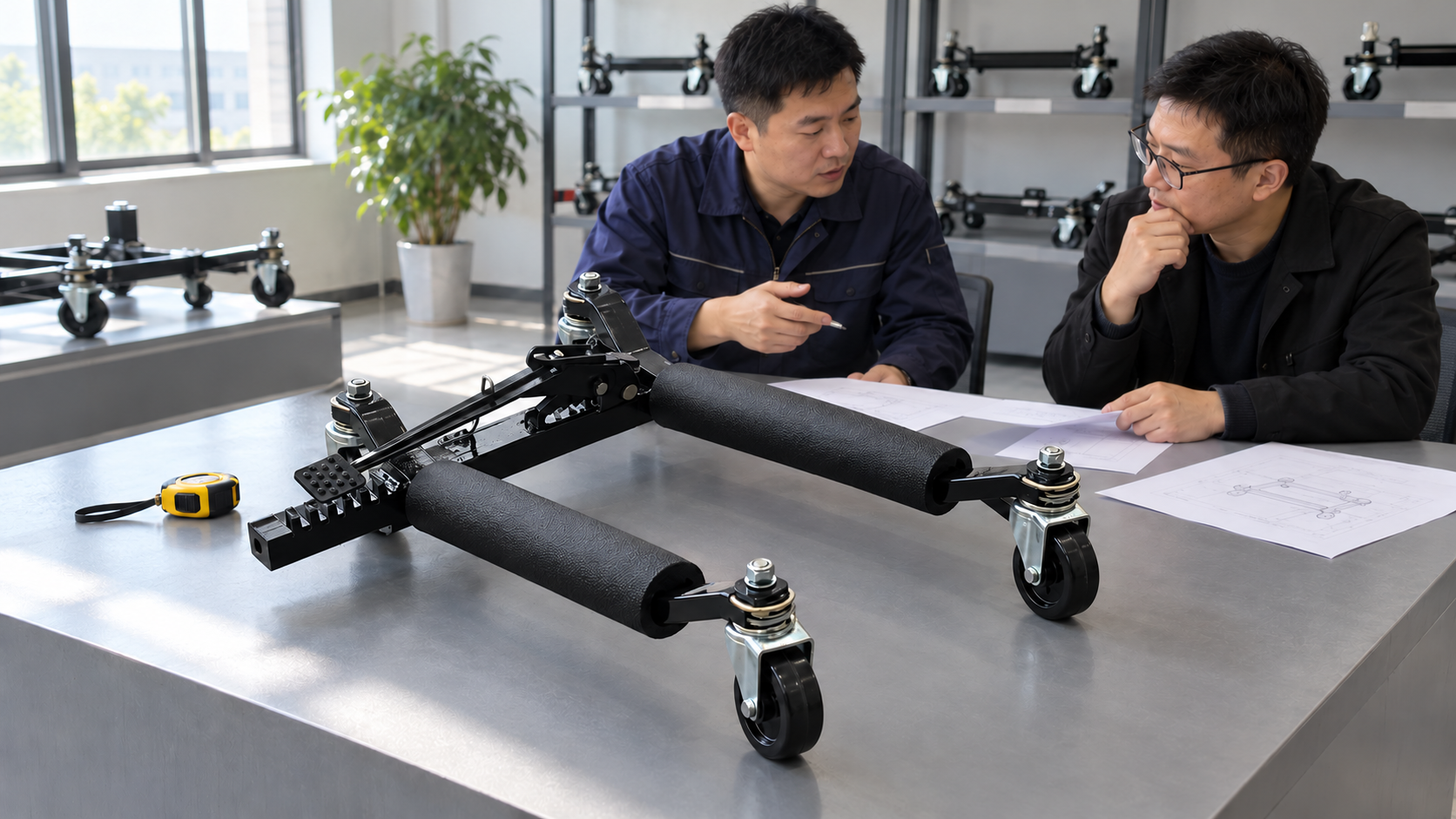 Buyer and supplier review an unloaded dolly sample and RFQ documents