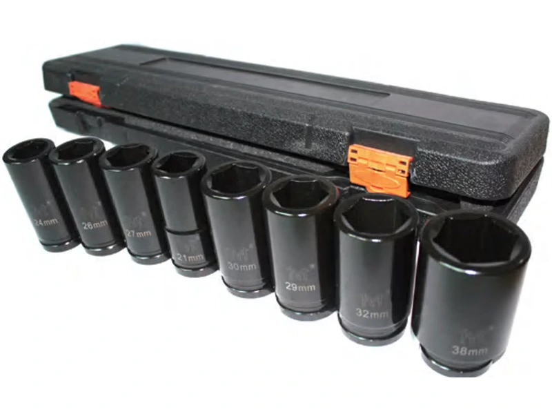 Long impact sockets arranged in front of an open black case
