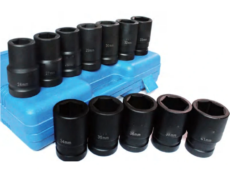 Large deep sockets arranged beside an open blue case