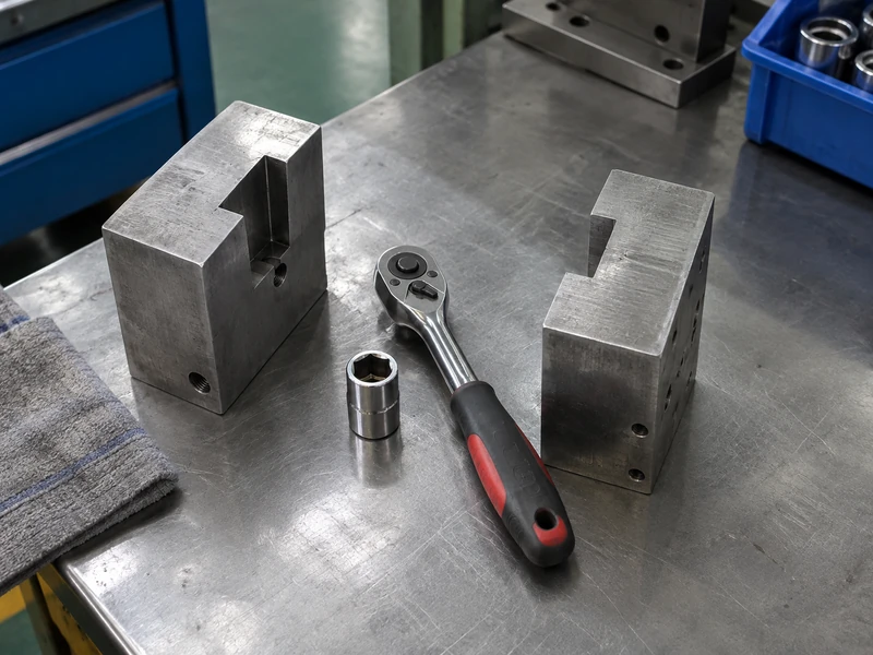 Compact hand ratchet resting beside two unassembled metal fixtures for clearance review