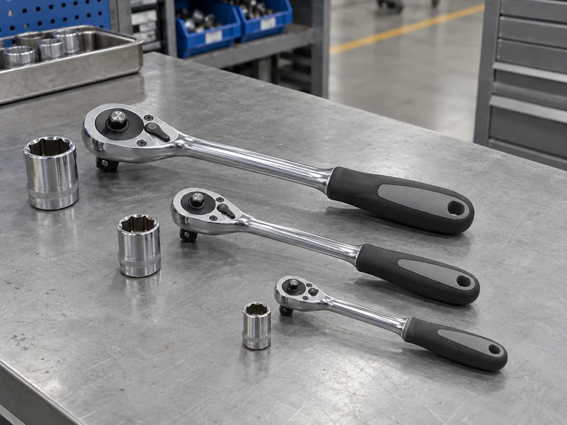 Three hand ratchets with different square-drive sizes beside separate sockets