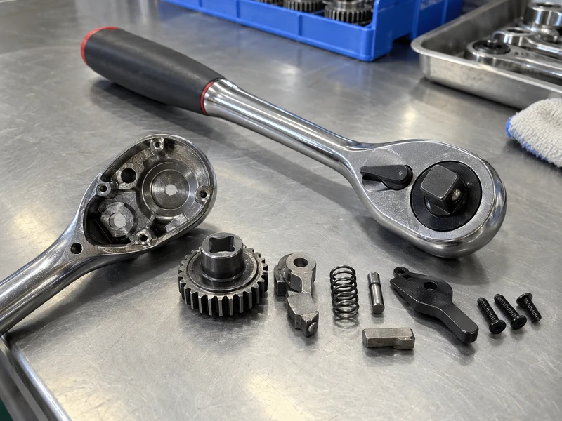 Ratchet pawl and mechanism parts arranged for product inspection