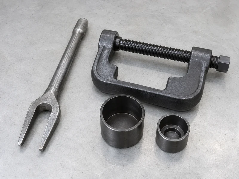 Fork-style ball joint separator beside a C-frame ball joint press and separate receiving cups