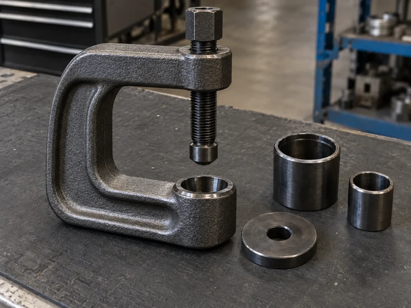 Heavy C-frame ball joint press with a forcing screw and separate receiver tubes on a bench