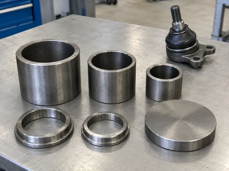Hollow receiver cups, adapter rings, and a press plate arranged beside an uninstalled ball joint