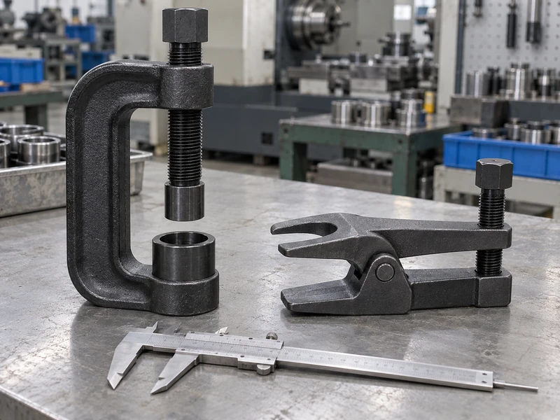 Unbranded C-frame press and screw ball-joint separator beside a separate caliper for dimensional review