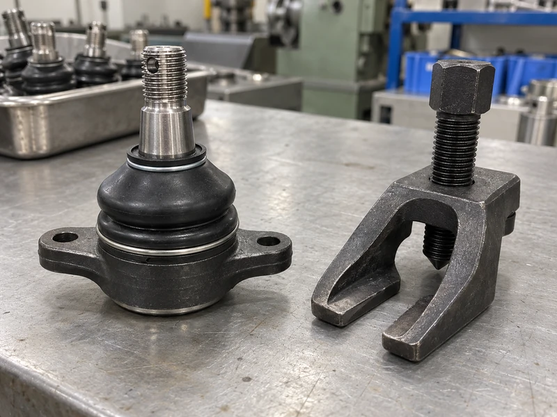 Intact ball joint with black dust boot and threaded stud beside a separate screw ball-joint separator