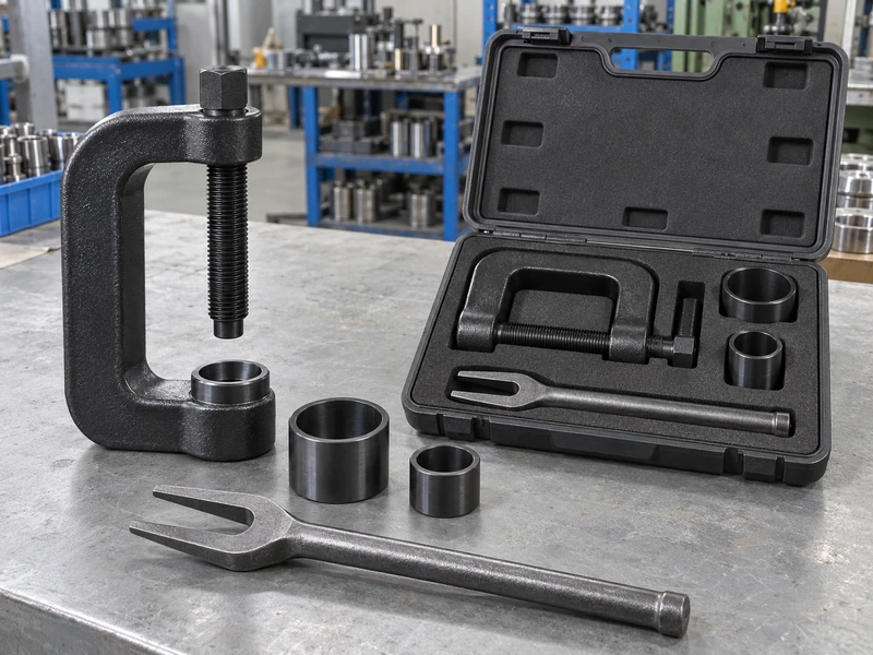 Organized unbranded ball-joint tool kit with upright C-frame press, cups, straight-shaft pickle fork, and plain case