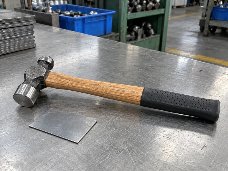 Ball-peen hammer shows a flat face and rounded peen beside a metal sample