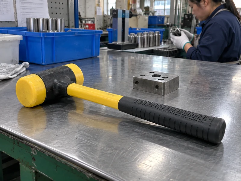 Dead-blow hammer with protective jacket and handle shown on an inspection bench