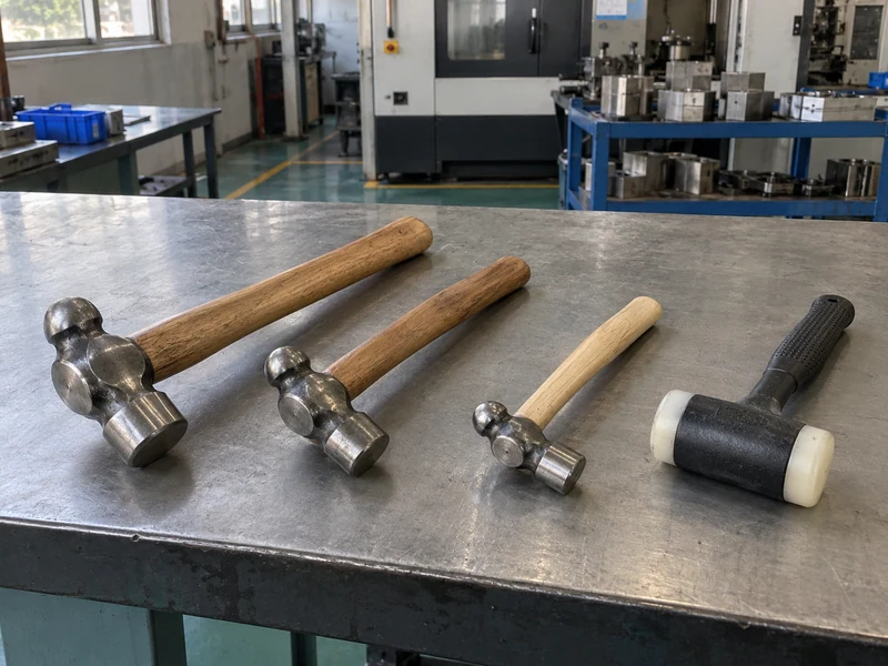 Three ball-peen hammers of different sizes beside a polymer dead-blow hammer