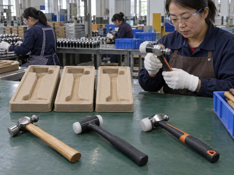 Hammer product samples and blank packaging arranged for a buyer review