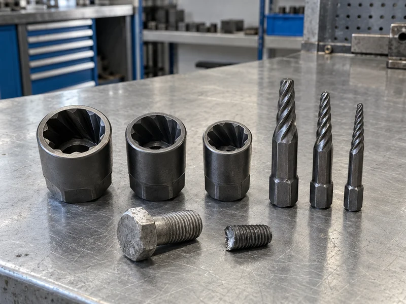 Reverse-flute bolt extractor sockets beside internal screw extractors and a damaged fastener sample