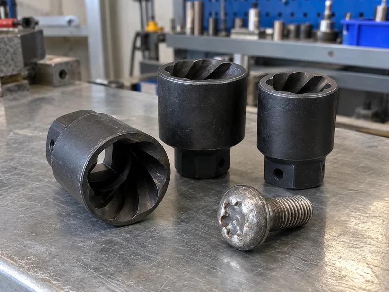 External-grip bolt extractor sockets showing their reverse-flute interiors