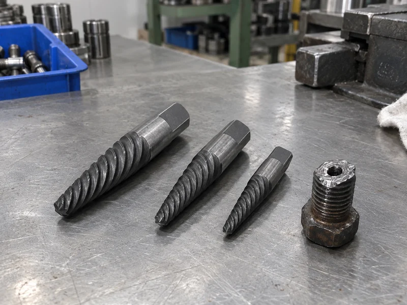 Tapered spiral screw extractor bits beside a drilled fastener sample
