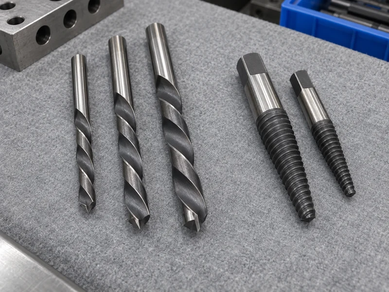 Left-hand drill bits and internal extractor bits laid out as separate tool groups