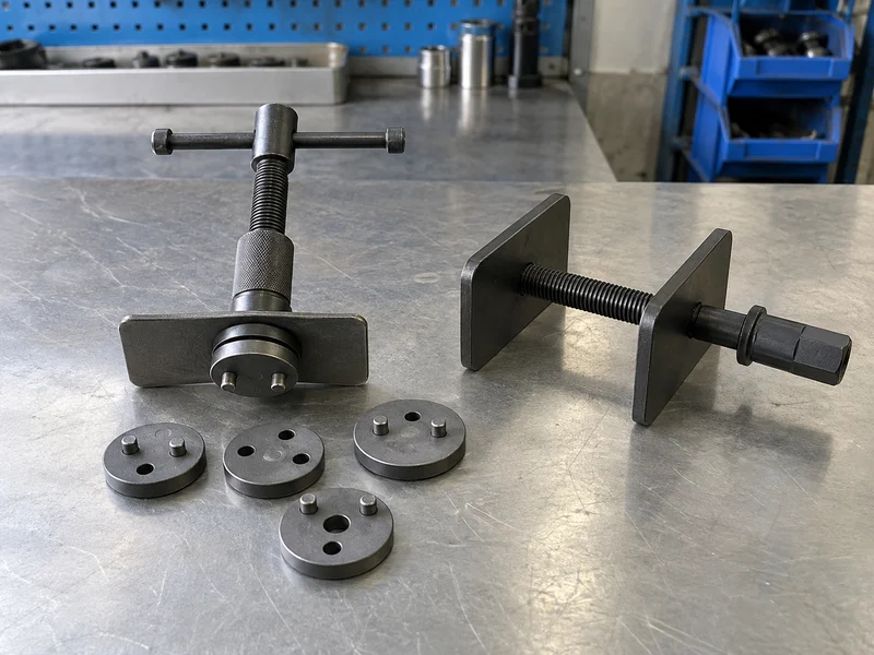 Brake piston wind-back spindle and adapter discs beside a piston spreader