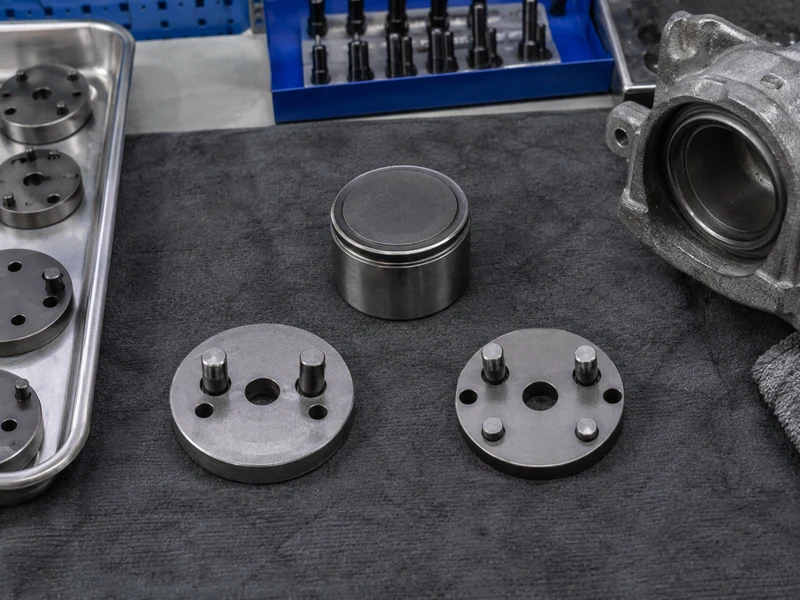 Brake adapter plates and piston-face sample laid out separately